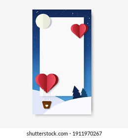 Romantic illustration for mobile stories or app. Hot air balloon in heart shape fly in the night sky above the forest. Valentine day. Christmas. Paper cut. Paper craft. Holidays concept.