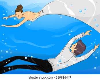 Romantic Illustration of a Newly Married Couple Taking an Underwater Shot