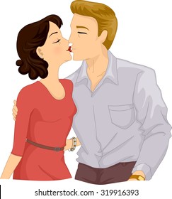 Romantic Illustration of an Older Couple Kissing on the Lips