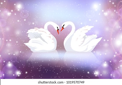 Romantic illustration of a pair of white swans on a blurred background with sparkles. Married couple. Romance. Vector illustration for your creativity.