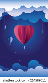 Romantic illustration - paper crafted theater: hot air balloon in the shape of a heart flying in the night sky.