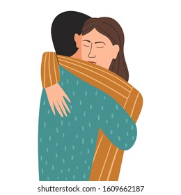 Romantic illustration with people. Man and woman in love. Boyfriend and girlfriend hugging. Wan holding woman. Valentine's day, love story, relationship concept. Flat vector illustration
