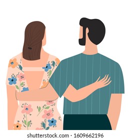 Romantic illustration with people. Man and woman in love. Boyfriend and girlfriend hugging. Valentine's day, love story, relationship concept. Flat vector illustration