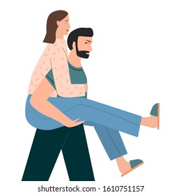 Romantic illustration with people. Man and woman in love. Girlfriend riding boyfriend on the back. Wan holding woman. Valentine's day, love story, relationship concept. Flat vector illustration