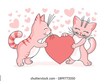 Romantic illustration with pink cats and love hearts on a white background.