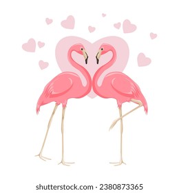 Romantic illustration with pink flamingo birds. Couple in love. Love day, valentine's day card. Vector cartoon flamingo.