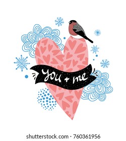 Romantic illustration with pink heart and winter bird. Vector print for card.