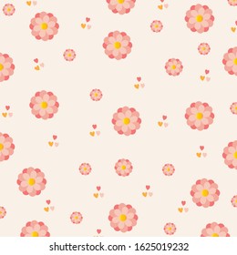 Romantic  Illustration with pink hearts and flowers on a light pink background
