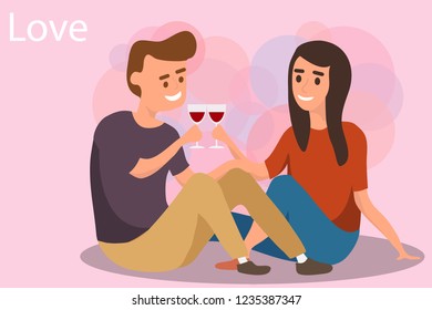 Romantic illustration of a seated man and woman. A man and a woman are sitting and drinking wine. Vector illustration.