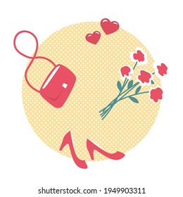 Romantic illustration of a set of female things. Ladies handbag, high heel shoes, a bouquet of flowers and hearts. Vector flat illustration