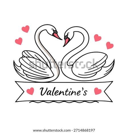 A romantic illustration showcasing two elegant swans facing each other, their necks gracefully curving to create a perfect heart shape. The design features a banner below with the word "Valentine's" w