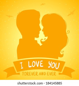 romantic illustration silhouette of loving couple at sunset