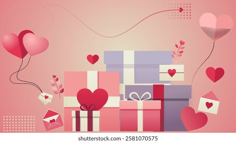 Romantic illustration in soft pink tones, featuring stacks of pastel gift boxes, heart balloons, and love envelopes. Perfect for Valentine's and love-themed greeting cards, invitations, or promotions.