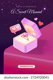 Ilustração romântica de um anel brilhante dentro de uma caixa de presente rosa suave, rodeado por corações flutuantes e luzes brilhantes. Um conceito de amor expressando proposta, afeto, presente de luxo e conexão emocional