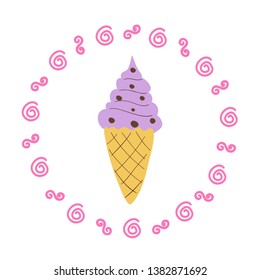 Romantic illustration with stylish ice cream. Lovely childish card in summer colors.  Greeting card, poster, banner illustration. Isolated scandinavian cartoon illustration.