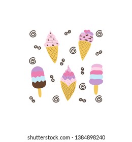 Romantic illustration with stylish ice cream. Lovely childish card in summer colors.  Greeting card, poster, banner illustration. Isolated scandinavian cartoon illustration.