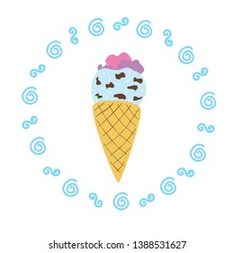 Romantic illustration with stylish ice cream. Lovely childish card in summer colors.  Greeting card, poster, banner illustration. Isolated scandinavian cartoon illustration.