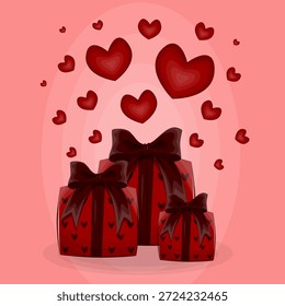 Ilustración romántica de tres cajas de regalo rojas con arcos oscuros y patrones de corazón. Corazones rojos flotantes en un fondo de gradiente rosa para tarjetas de felicitación y carteles festivos del día de San Valentín.