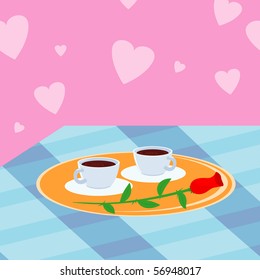 Romantic illustration with two cups of coffee and rose.