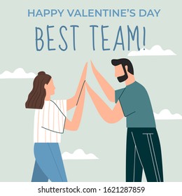 Romantic illustration with two people. Two people in love giving high five. Valentine's day, love story, relationship concept. Flat vector illustration