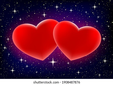 Ilustración romántica con dos corazones de amor rojos en un fondo de cielo estrellado.