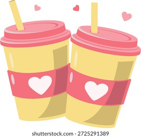Ilustración romántica de dos tazas de bebida para llevar con símbolos del corazón, que representan parejas, amor y momentos del Día de San Valentín.