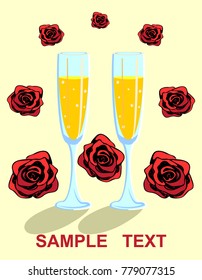 Romantic illustration with two wine glasses, sparkling alcohol and roses. Design of card, invitation, flyer, poster. For Valentine's Day, wedding, restaurant, winemaking, wine industry, boutique, shop