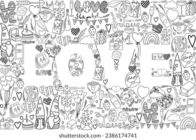 Romantic illustration to Valentine's Day, letters LOVE of hand drawn elements in doodle style, vector illustration