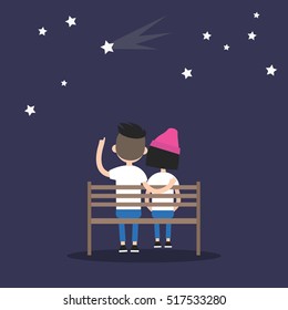 Romantic illustration for Valentine's day. Lovers sitting on a bench and looking at stars. Editable vector illustration, clip art