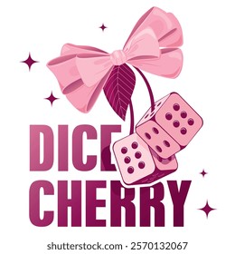 Romantic Illustration To Valentines Day. Pair of Cherry Dice and Big Bow. Sticker or Element of T-shirt or poster design. Vector Illustration.