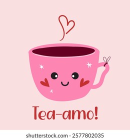 Romantic illustration, warm cup of tea, with title "Tea amo" referring to Italian love sentence Ti amo