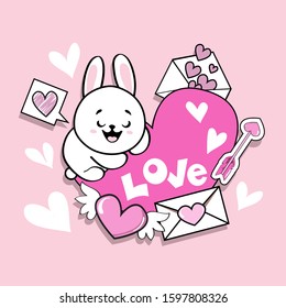 Romantic illustration with a white bunny and a pink heart on a white background. Valentine's Day Greeting Card
