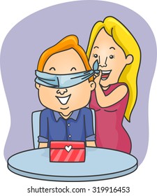 Romantic Illustration of a Woman Blindfolding Her Boyfriend Before Unveiling Her Surprise