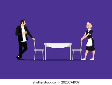 An Romantic illustration of a woman and a boy doing a drama scene while eating with a retro style. Romantic, retro, couple Vector flat illustration