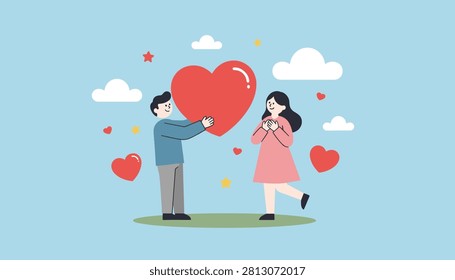 Romantic illustration of a young man giving a giant red heart to his girlfriend on a beautiful blue sky background with clouds.