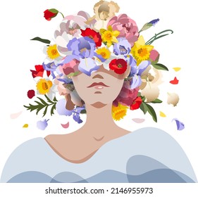 Romantic illustration of a young woman with flower wreath of daffodils, iris', peonies and poppies on white background