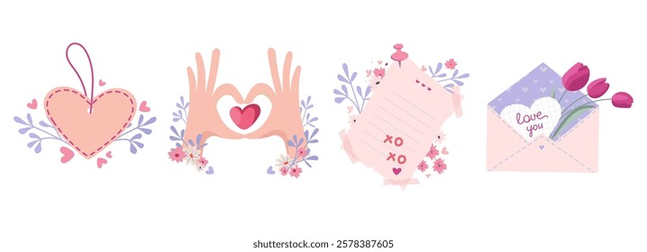 Romantic illustrations featuring hearts, love letters, flowers, and hands forming a heart shape Set. Perfect for Valentine's Day cards, invitations, stickers, and digital designs, fashion print.Vector