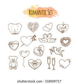 Romantic illustrations. Hand drawn wedding set. Doodle style elements for happy valentine day.