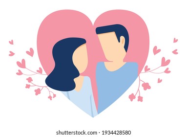 Romantic illustrations with man and woman on heart, Vector illustration in flat style