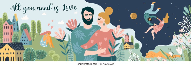 Romantic illustrations with men and women. Love, love story, relationship. Vector design banner for Valentines Day and other users.