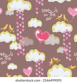 A romantic, illustrative cut vector seamless pattern featuring cutout raining heart, heart shaped balloons, birds couples, clouds, and the phrase LOVE IS IN THE AIR on a cocoa brown, taupe color