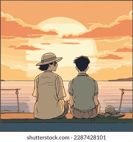 Romantic image of a couple standing with their backs. man and woman on the background of the sunset. Vector illustration