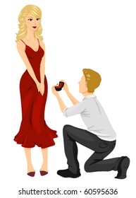 Romantic Image of a Man Going Down on His Knees to Propose to the Lovely Woman He Wants to Marry - Vector