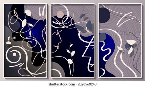 a romantic image of overlapping light abstract shapes, smooth and swirling lines, circles, glow, floral elements on a black background. vector 