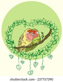 Romantic image of a pair of parrots lovebirds, color sketch/Colored Sketch Parrots Lovebirds/Colored Lovebirds on a Branch