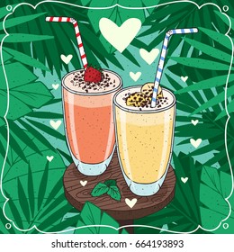 Romantic image with two glasses with banana and strawberry fresh juices or milkshakes on wooden round table. Realistic hand draw style. Vector illustration