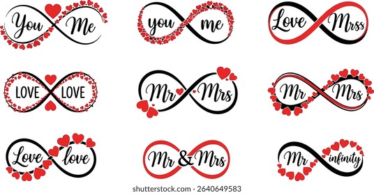 Romantic infinit symbol designs featuring hearts and elegant typography for valentines day wedding concepts