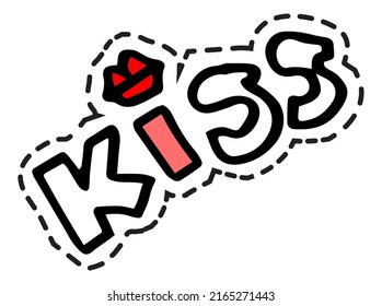 Romantic inscription, text and red lips. Kiss expression of feelings and love, greeting for saint valentines day holiday. Sticker or patch, isolated icon, logotype or emblem. Vector in flat style