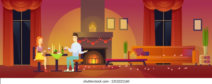 Romantic interior with fireplace. Couple of people. Romantic mood. Date at home. Date with candles. Interior with candles and soft light. St. Valentines' day.