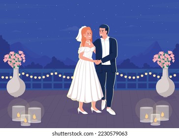 Romantic intimate atmospere on rooftop for newlyweds flat color vector illustration. Lovely smiling couple. Fully editable 2D simple cartoon characters with beautiful sky and stars on background